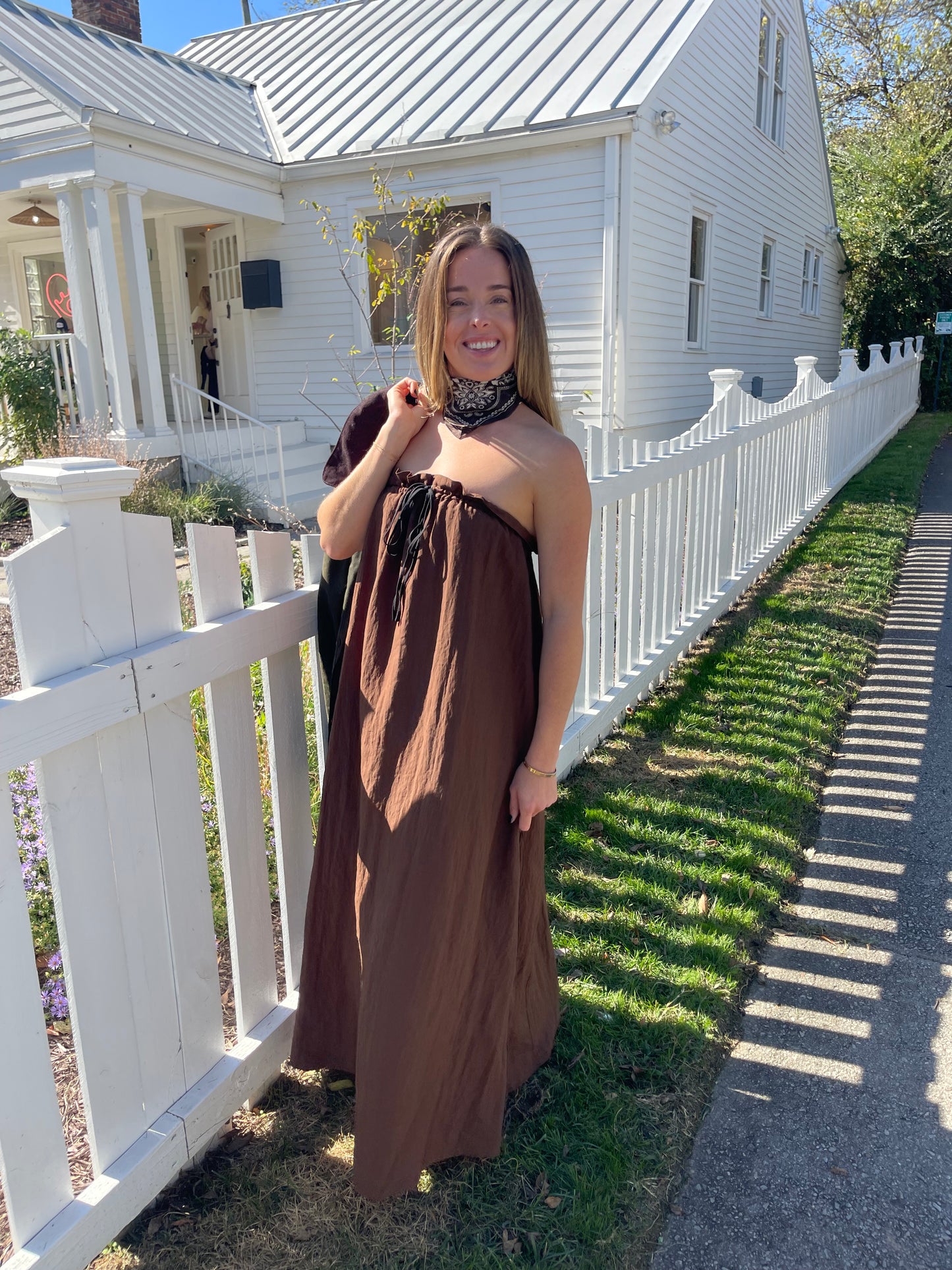brown strapless maxi dress for women relaxed fit summer outfit