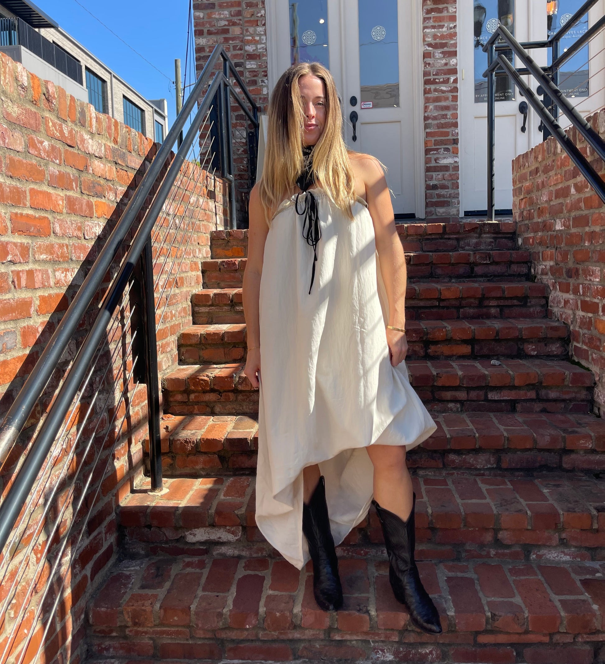 cream maxi dress worn short in front and long in back women