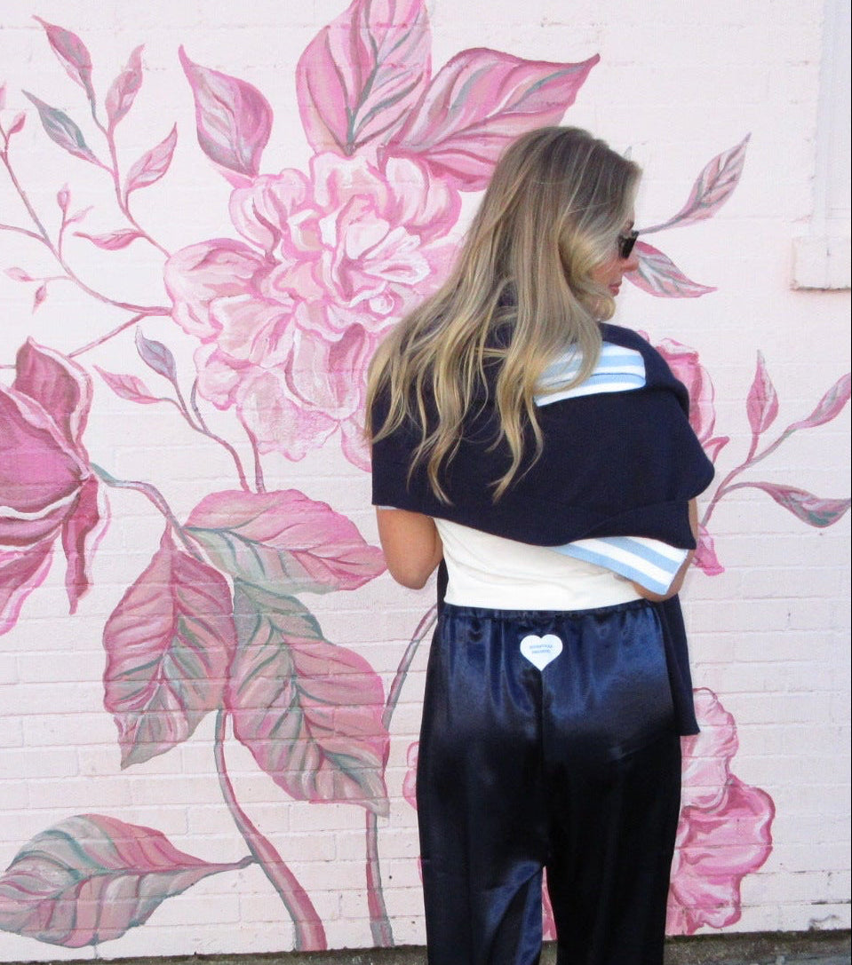 satin wide leg pants back detail with heart patch for women